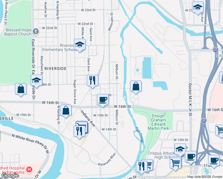 map of restaurants, bars, coffee shops, grocery stores, and more near 1718 Milburn Street in Indianapolis