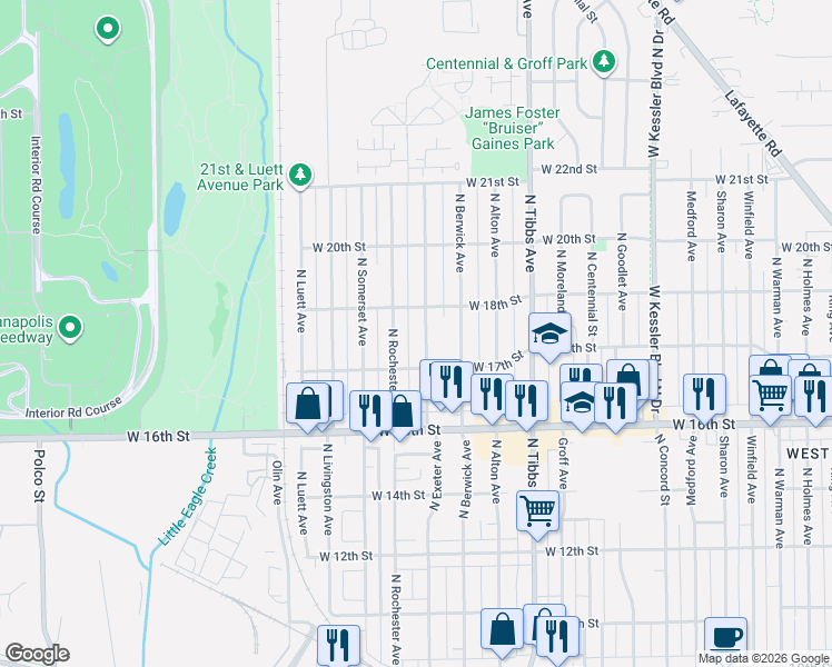 map of restaurants, bars, coffee shops, grocery stores, and more near 1744 North Exeter Avenue in Indianapolis