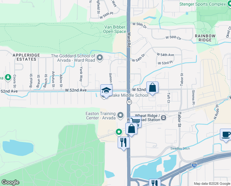 map of restaurants, bars, coffee shops, grocery stores, and more near 12506 West 52nd Avenue in Arvada