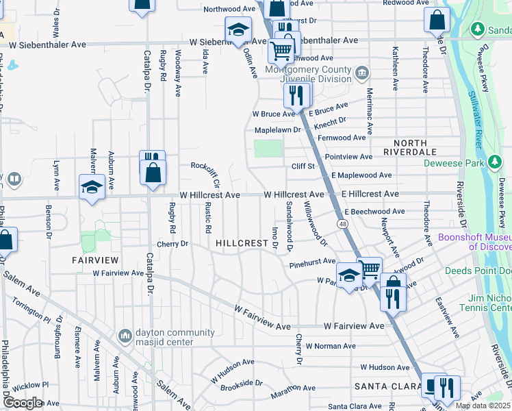 map of restaurants, bars, coffee shops, grocery stores, and more near 275 Valleyview Drive in Dayton