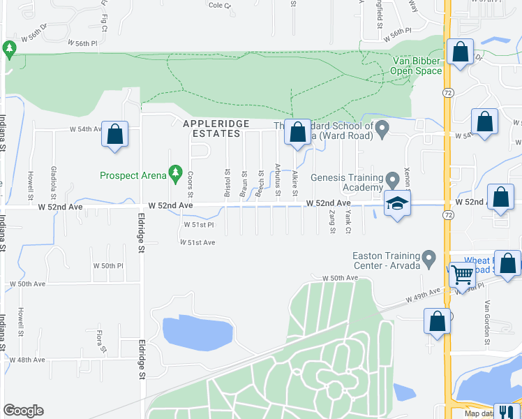 map of restaurants, bars, coffee shops, grocery stores, and more near 5190 Beech Street in Arvada