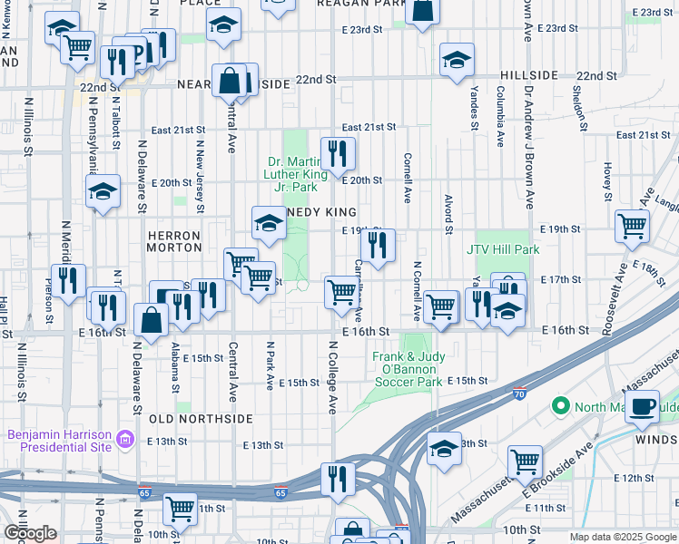 map of restaurants, bars, coffee shops, grocery stores, and more near 1711 North College Avenue in Indianapolis