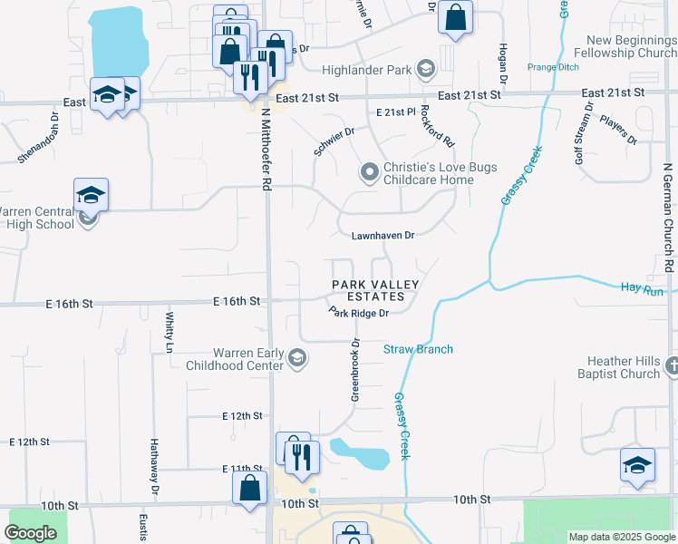 map of restaurants, bars, coffee shops, grocery stores, and more near 1634 Park Chase Place in Indianapolis