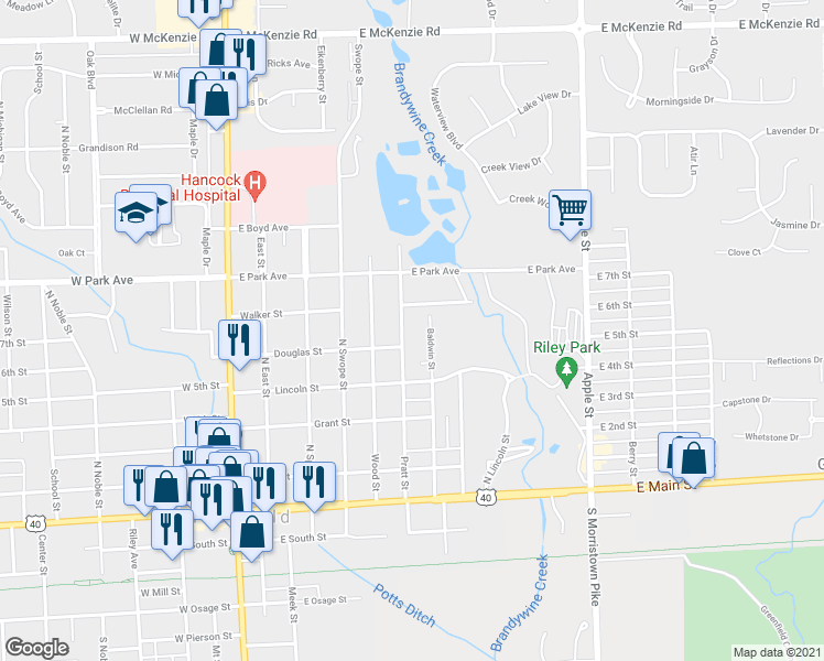 map of restaurants, bars, coffee shops, grocery stores, and more near 505 Pratt Street in Greenfield