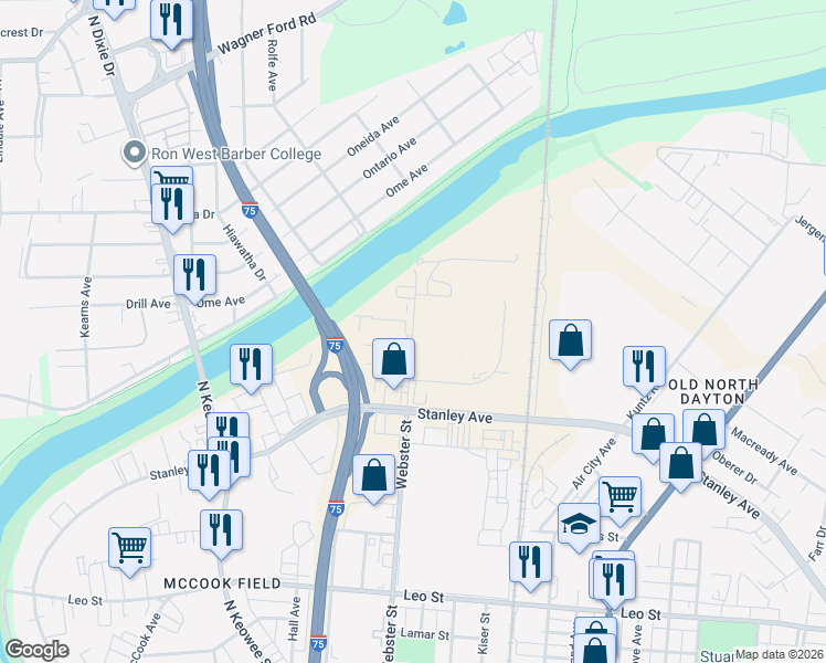 map of restaurants, bars, coffee shops, grocery stores, and more near 2012 Webster Street in Dayton