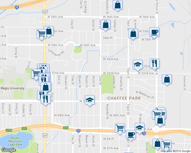 map of restaurants, bars, coffee shops, grocery stores, and more near 5180 Alcott Street in Denver