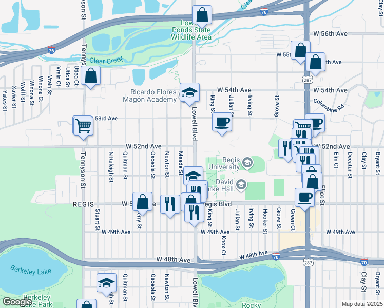 map of restaurants, bars, coffee shops, grocery stores, and more near 5175 Lowell Boulevard in Denver