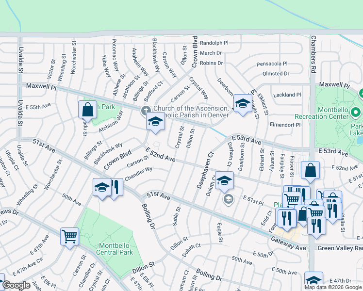 map of restaurants, bars, coffee shops, grocery stores, and more near 5250 Crystal Street in Denver