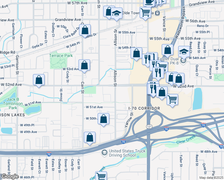 map of restaurants, bars, coffee shops, grocery stores, and more near 8050 West 52nd Avenue in Arvada