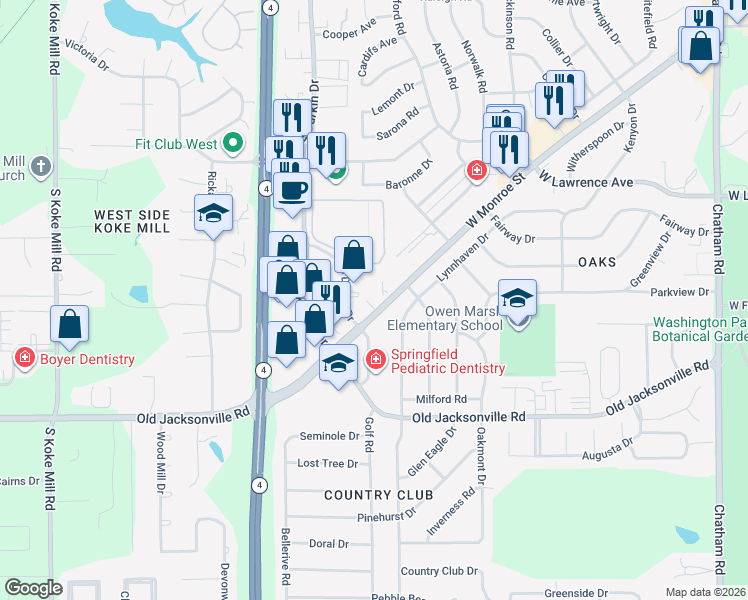 map of restaurants, bars, coffee shops, grocery stores, and more near 2543-2675 W Monroe St in Springfield