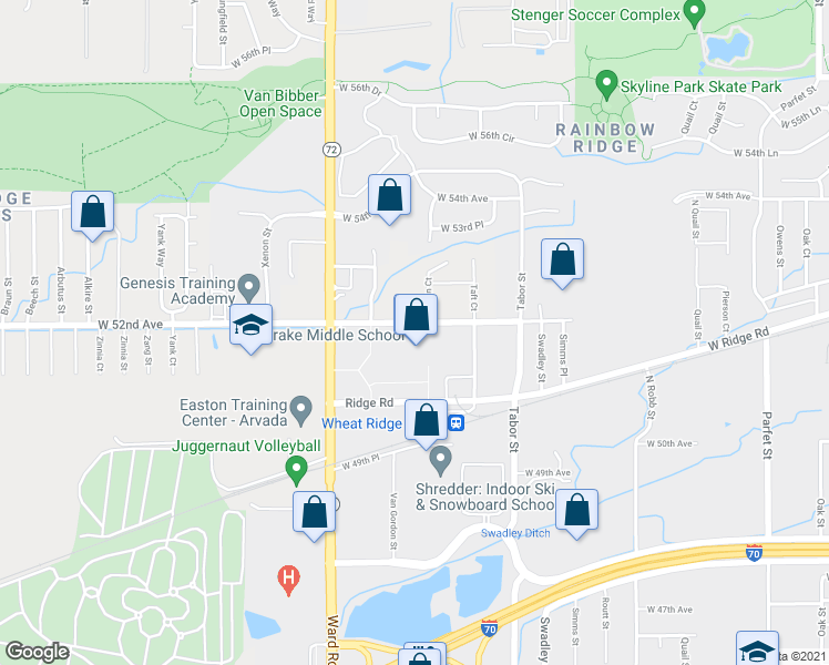 map of restaurants, bars, coffee shops, grocery stores, and more near 12060 West 52nd Avenue in Wheat Ridge