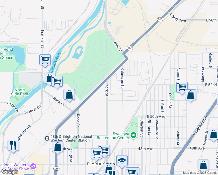 map of restaurants, bars, coffee shops, grocery stores, and more near 5160 York Street in Denver