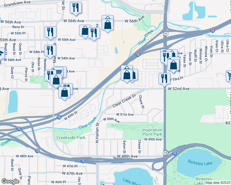 map of restaurants, bars, coffee shops, grocery stores, and more near 5180 Gray Street in Denver