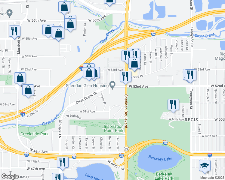 map of restaurants, bars, coffee shops, grocery stores, and more near 5350 West 52nd Avenue in Denver