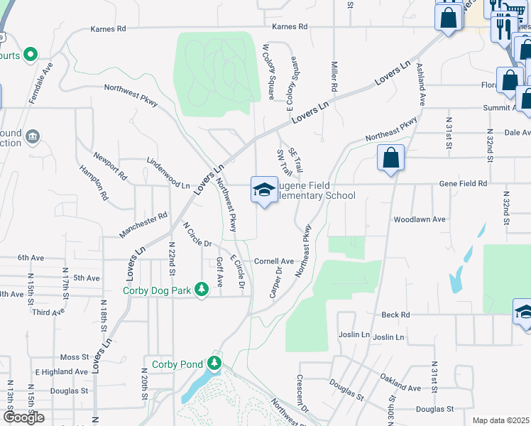 map of restaurants, bars, coffee shops, grocery stores, and more near 2602 Gene Field Road in Saint Joseph
