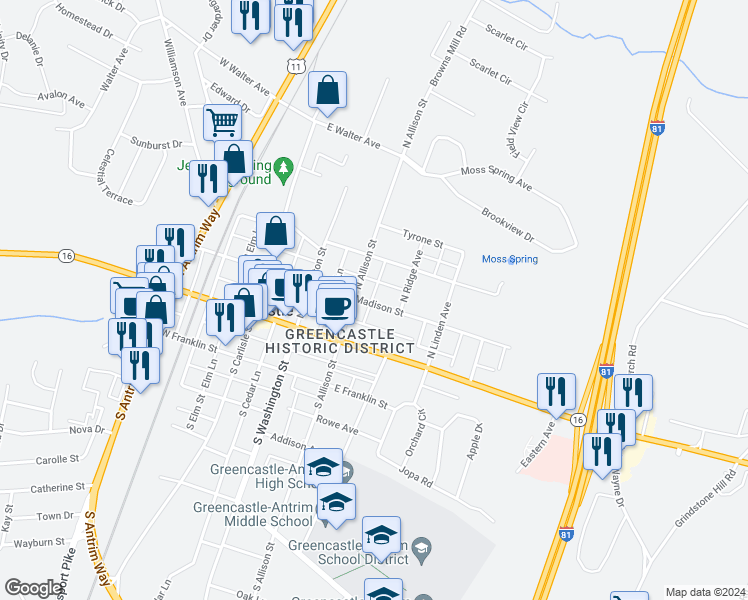 map of restaurants, bars, coffee shops, grocery stores, and more near 230 East Madison Street in Greencastle
