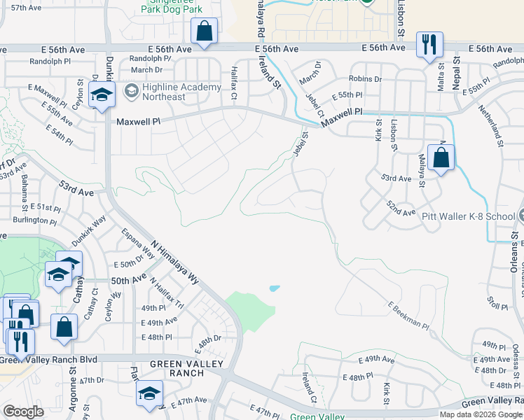 map of restaurants, bars, coffee shops, grocery stores, and more near 20322 East 52nd Avenue in Denver