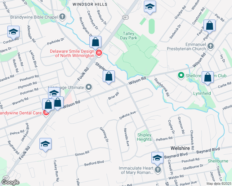 map of restaurants, bars, coffee shops, grocery stores, and more near 7 Briar Road in Wilmington