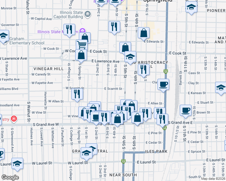 map of restaurants, bars, coffee shops, grocery stores, and more near 1008 South 3rd Street in Springfield