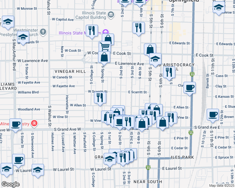 map of restaurants, bars, coffee shops, grocery stores, and more near 1002 South 2nd Street in Springfield