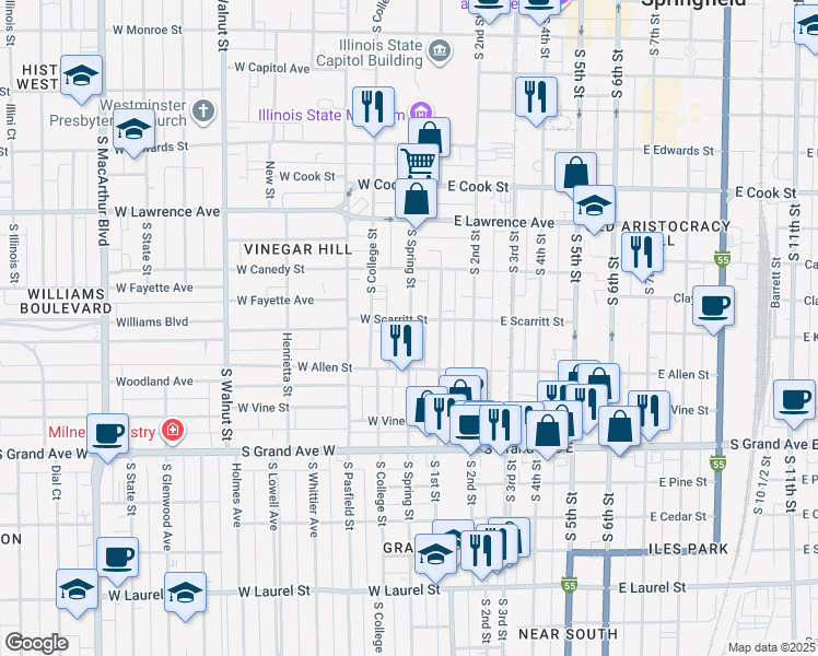 map of restaurants, bars, coffee shops, grocery stores, and more near 1013 South Spring Street in Springfield