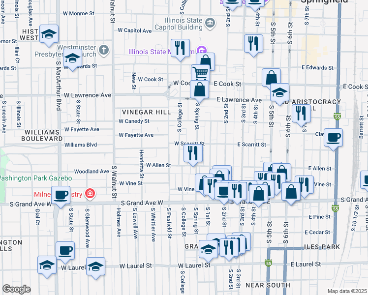 map of restaurants, bars, coffee shops, grocery stores, and more near 1013 South Spring Street in Springfield