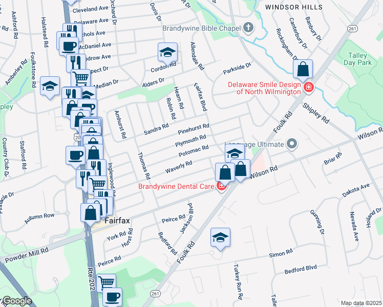 map of restaurants, bars, coffee shops, grocery stores, and more near 236 Potomac Road in Wilmington