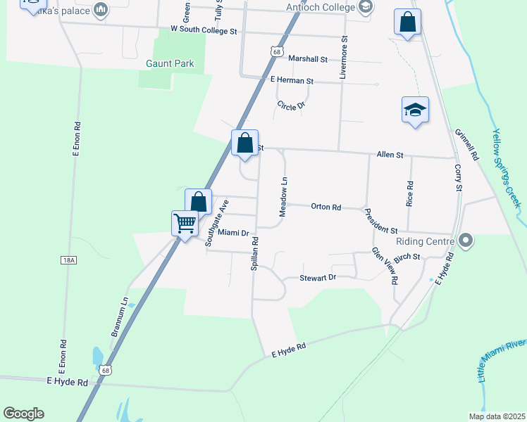 map of restaurants, bars, coffee shops, grocery stores, and more near 1455 Spillan Road in Yellow Springs