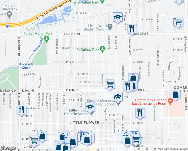 map of restaurants, bars, coffee shops, grocery stores, and more near 4721 East 18th Street in Indianapolis