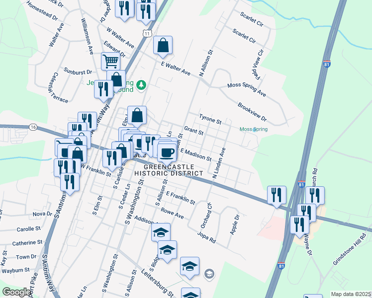 map of restaurants, bars, coffee shops, grocery stores, and more near 230 East Madison Street in Greencastle