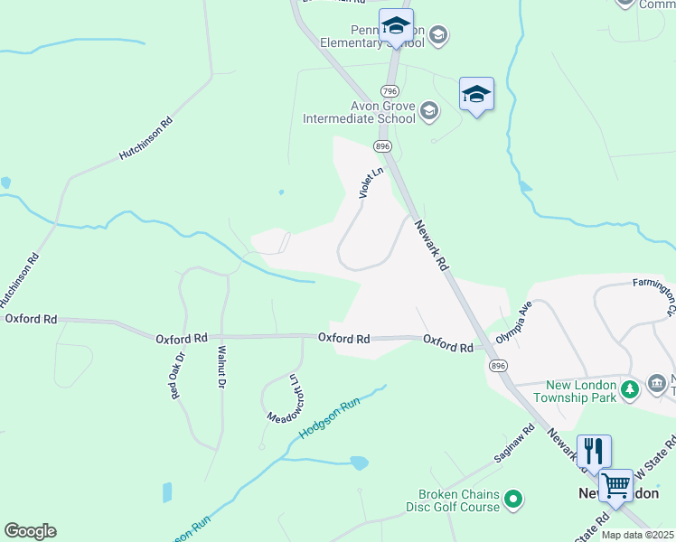 map of restaurants, bars, coffee shops, grocery stores, and more near 19 Violet Lane in West Grove