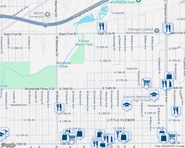 map of restaurants, bars, coffee shops, grocery stores, and more near 1730 North Colorado Avenue in Indianapolis