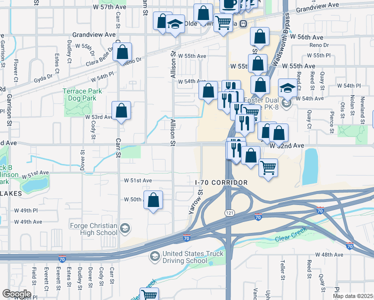 map of restaurants, bars, coffee shops, grocery stores, and more near in Arvada