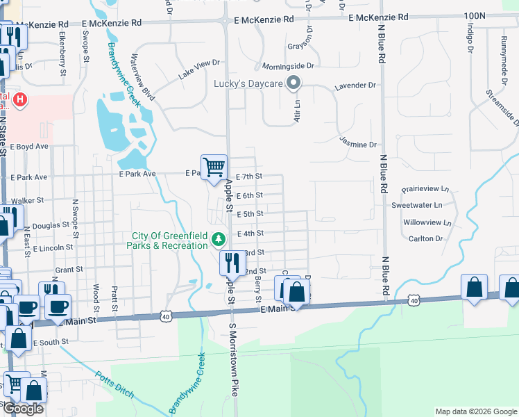 map of restaurants, bars, coffee shops, grocery stores, and more near 1102 East 5th Street in Greenfield