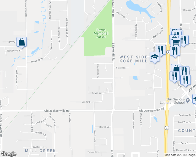 map of restaurants, bars, coffee shops, grocery stores, and more near 3399 Mackinaw Lane in Springfield
