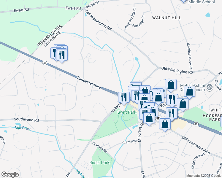 map of restaurants, bars, coffee shops, grocery stores, and more near 7503 Lancaster Pike in Hockessin