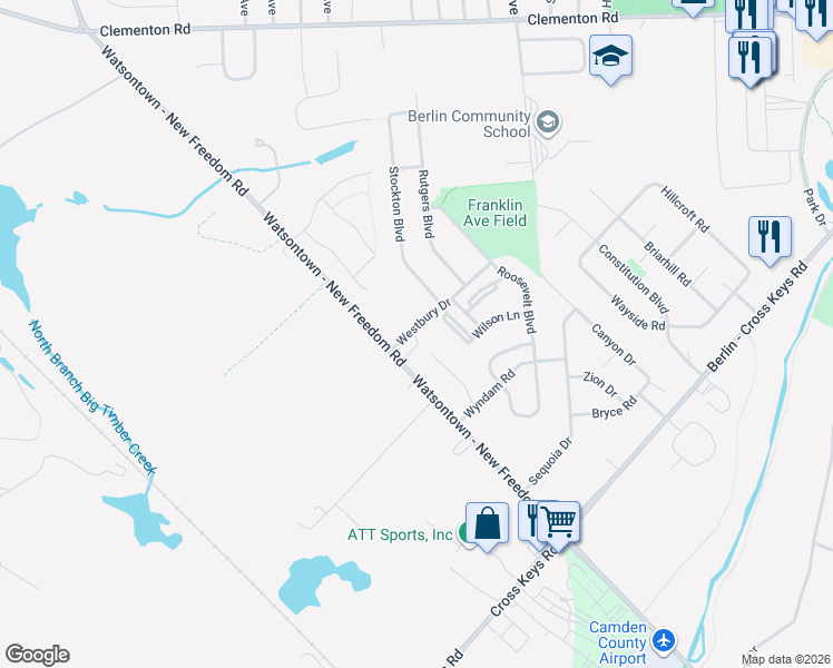 map of restaurants, bars, coffee shops, grocery stores, and more near 189 Watsontown New Freedom Road in Berlin