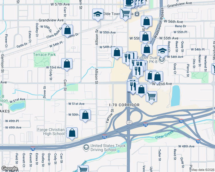 map of restaurants, bars, coffee shops, grocery stores, and more near 5150 Allison Street in Arvada