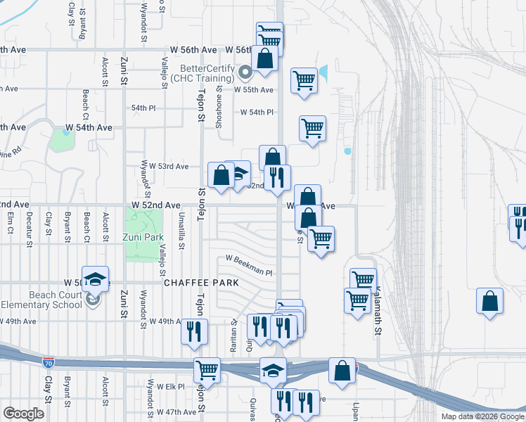 map of restaurants, bars, coffee shops, grocery stores, and more near 1745 West Berkeley Place in Denver