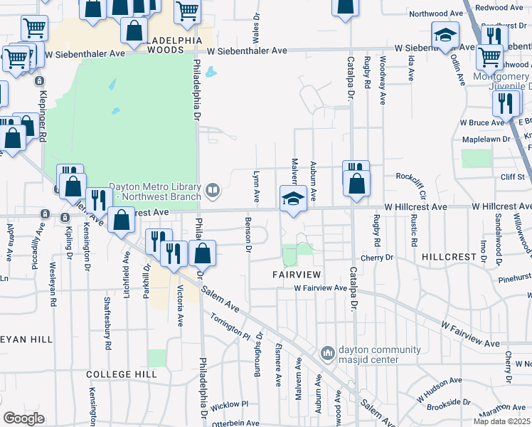 map of restaurants, bars, coffee shops, grocery stores, and more near 2334 Davue Circle in Dayton