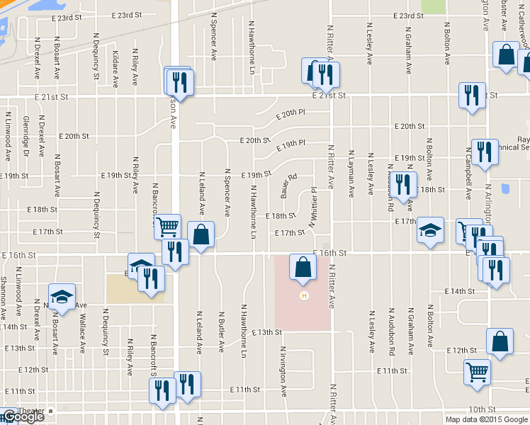 map of restaurants, bars, coffee shops, grocery stores, and more near 5413 East 18th Street in Indianapolis