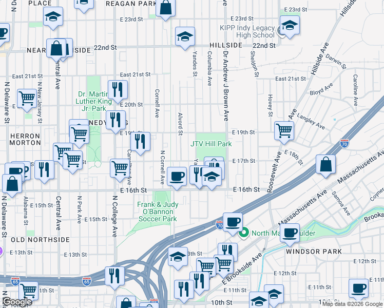 map of restaurants, bars, coffee shops, grocery stores, and more near 1701 Alvord Street in Indianapolis
