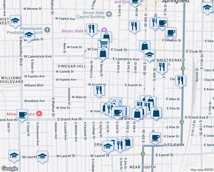 map of restaurants, bars, coffee shops, grocery stores, and more near 1015 South 1st Street in Springfield