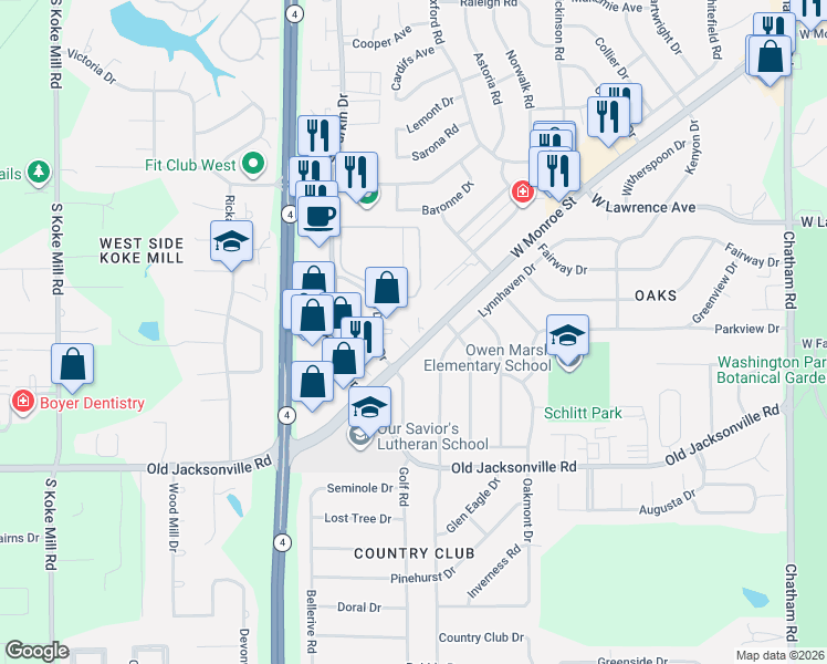 map of restaurants, bars, coffee shops, grocery stores, and more near 2543-2675 W Monroe St in Springfield