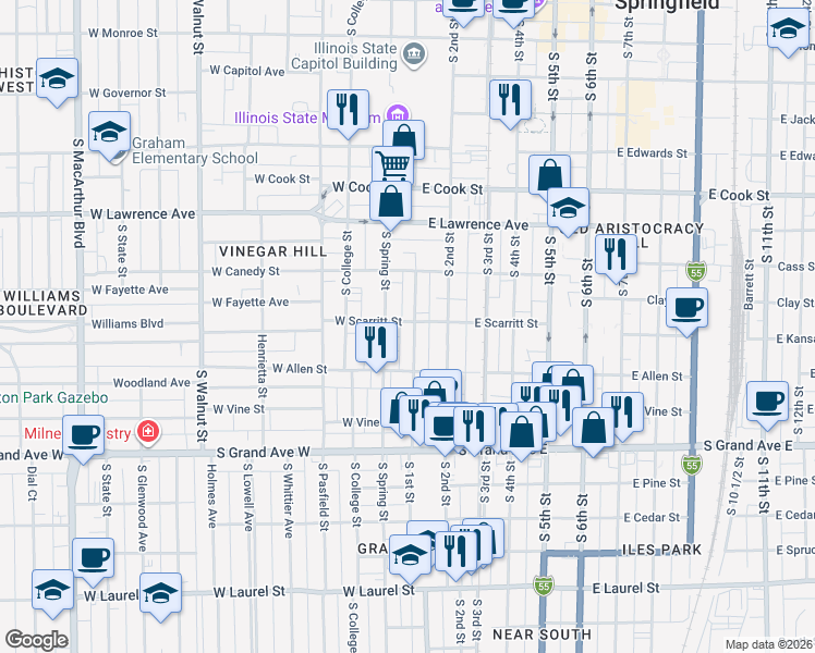 map of restaurants, bars, coffee shops, grocery stores, and more near 1015 South 1st Street in Springfield