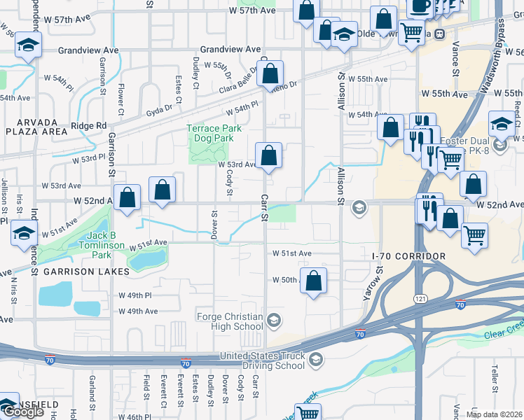 map of restaurants, bars, coffee shops, grocery stores, and more near in Arvada