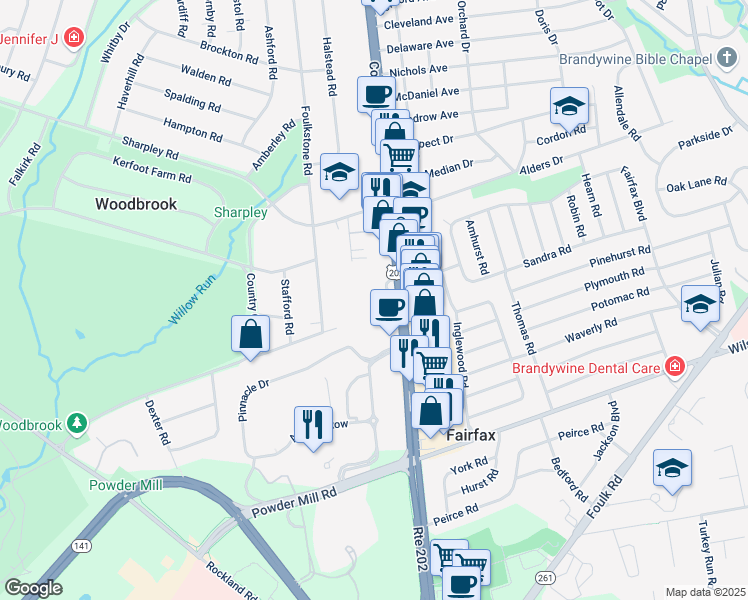 map of restaurants, bars, coffee shops, grocery stores, and more near 2200 Concord Pike in Wilmington