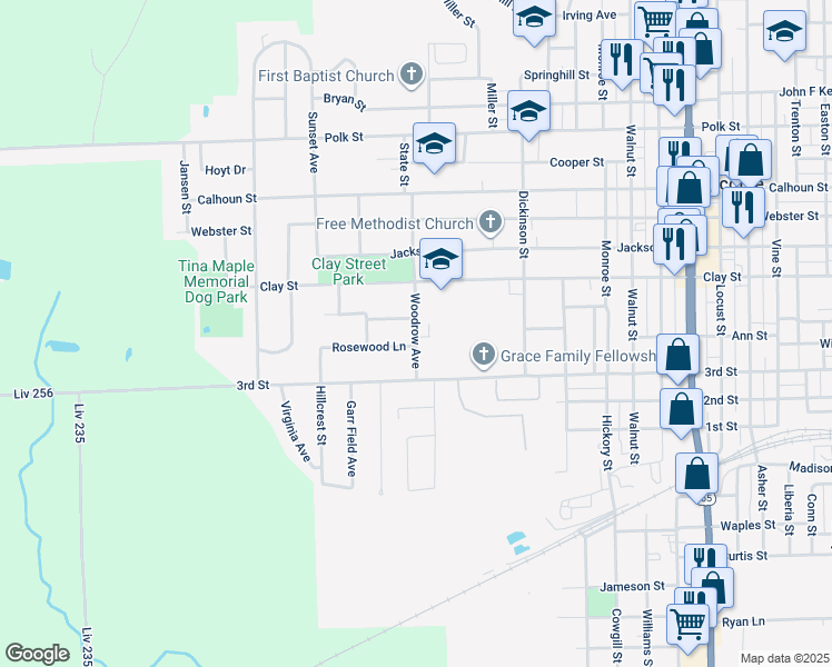 map of restaurants, bars, coffee shops, grocery stores, and more near Woodrow Avenue in Chillicothe