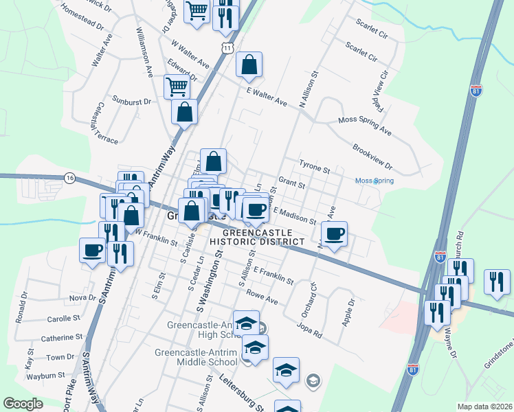 map of restaurants, bars, coffee shops, grocery stores, and more near 143 East Madison Street in Greencastle