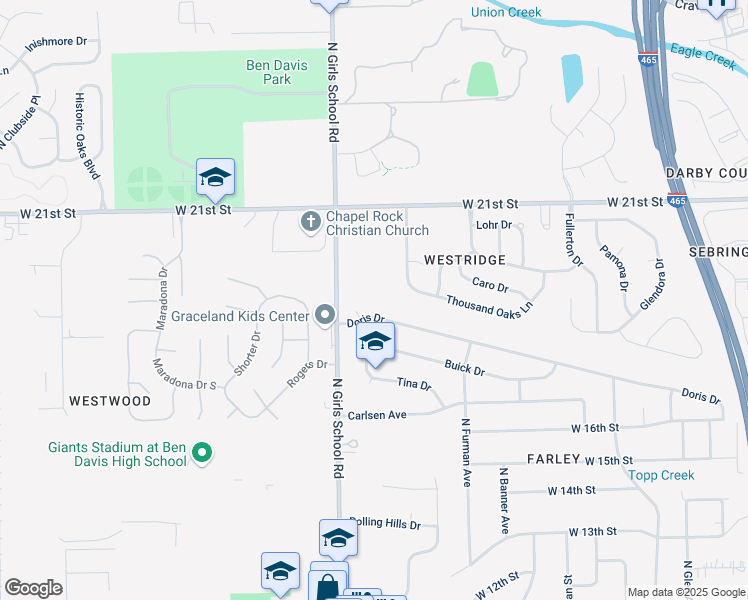 map of restaurants, bars, coffee shops, grocery stores, and more near 1835 Marsha Drive in Indianapolis